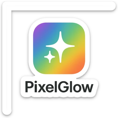 minimal logo for PixelGlow, rounded square with smooth rainbow gradient background, central white sparkle icon, clean, modern, tech-friendly, and playful sticker