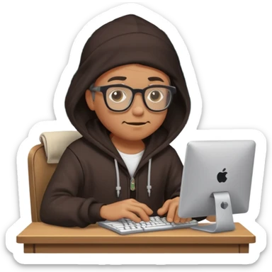 pirate with glasses and a hoodie, typing on a computer, surrounded by code, fun and quirky sticker