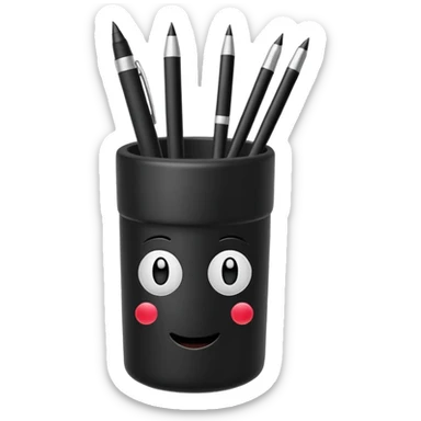 black pen holder cup with several black pens inside, emoji style sticker
