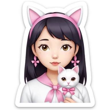 An Asian girl with white cat ears and a pink ribbon sticker
