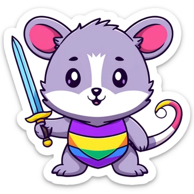 A cute pastel colored possum warrior holding a gleaming sword, with rainbow fur, sparkly eyes, and colorful stars around sticker