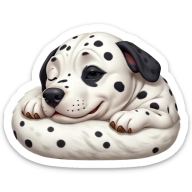 Cinematic Meme-Worthy Chubby Sleeping Dalmatian Portrait Emoji, Head resting peacefully with a contented smile, showcasing a delightfully chubby build and a luxuriously soft white coat with bold black spots, eyes shut in a serene nap, Simplified yet hilariously adorable features, highly detailed, glowing with a soft, drowsy light, high shine, relaxed and utterly lovable, stylized with an air of playful laziness, bright and heartwarming, soft glowing outline, capturing the essence of a comically sleepy Dalmatian, so meme-worthy it feels like it could instantly become the next viral sensation of adorable slumber! sticker