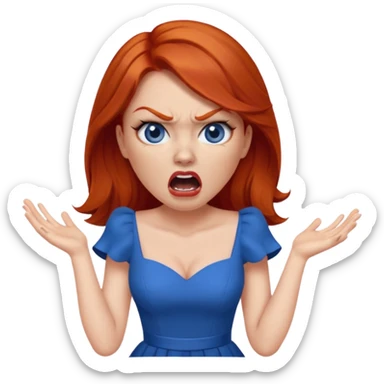 mujer pelirroja con los ojos y los labios maquillados enojada gritando con vestido azul sticker