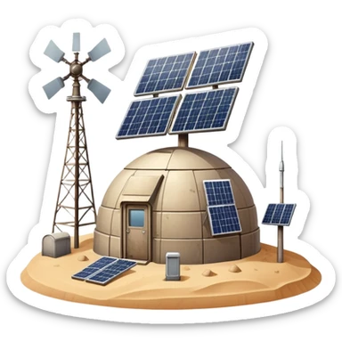 Desert outpost with solar panels and antennas sticker