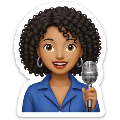 brown skin woman, curly black hair, singer, hold micro sticker