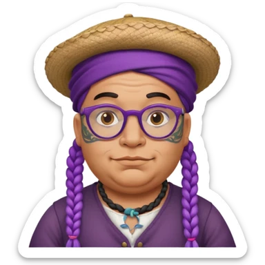 very tattoed face, normal glassess, fat venice gondolier with iconic hat and purple thick braided hair sticker