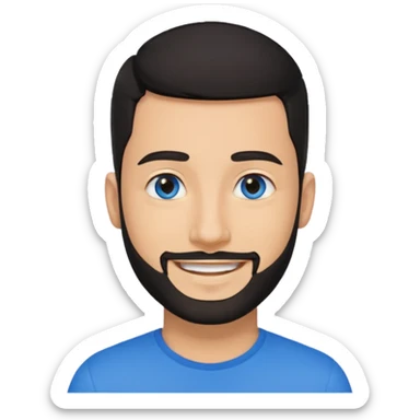 Man 30, black short hair, blue eyes and black short bears, on earpiece sticker