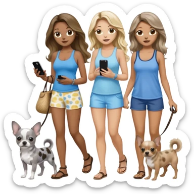 Three pretty women in beach clothes walking 2 dogs, blue and gray spotted Merle Frenchie and walking a black and tan chihuahua puppy, holding iPhone, hazel eyed light skin with dark blonde long hair and light skin hazel eyed long wavy dark hair, blue eyed light skin long blonde hair  sticker