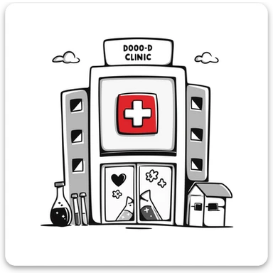 Modern clinic building with glass facade, featuring a red cross sign, test tubes on display, and a subtle heart icon, clean and medical appearance sticker