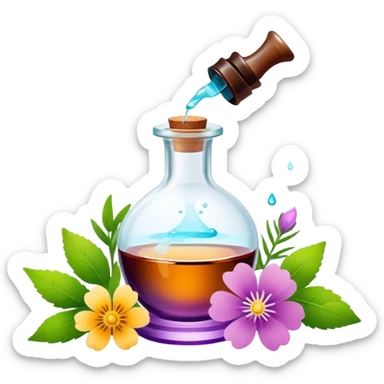 Perfume making icon, delicate glass bottle being filled with colorful essential oils from droppers, swirling mist rising from the bottle, flowers and herbs nearby, minimalistic style, clean lines, transparent background. sticker