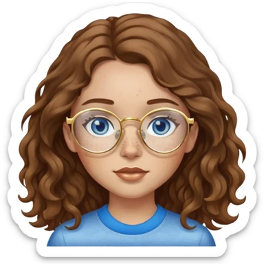 Girl with light skin, wavy brown hair, blue eyes, freckles, and gold glasses sticker