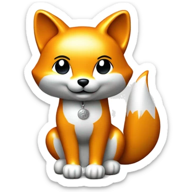 Fully chromed Maneki Neko-style fox statue in iOS emoji style, with smooth, rounded edges, reflective surface with soft light reflections. Minimalist features like the tail, raised paw, and coin. Plain white background to emphasize the chrome texture. sticker