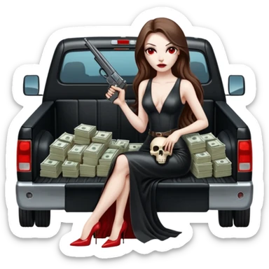 Lilith symbol red eye seductress evil long brown haired sexy succubus woman with leather long dress with slit on, sitting in Big Large F350 pickup truck. Back seat full of stacks of cash, she is  Holding a human skull of her enemies and a gun in other hand sticker