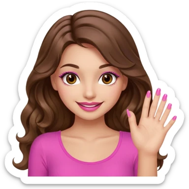 girl with long wavy brown hair, brown eyes, long lashes, sexy pink lips, light to medium complexion, wearing a pink sexy top, smiling, finger tips touching sticker