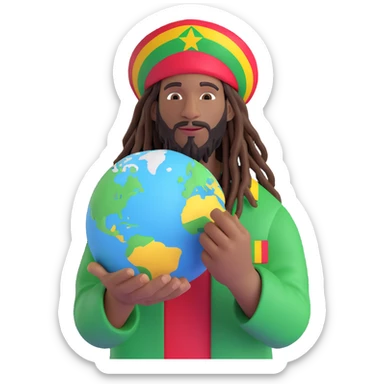 A rasta man bigging up di whole world 🌍🔥🤲🏾, reggae vibes 🎶, love and unity ✨💛💚❤️, every nation stand strong 🇯🇲 holding a the world in his hand sticker