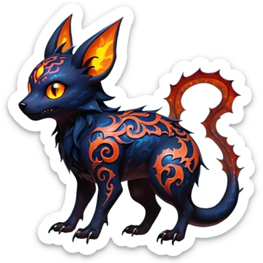 Shiny Fiery Dark Ugly Evil Realistic Glowing Eldritch Horror Cool Edgy Badass Emo Demonic Batty Dusky Ethereal Punky Aural Bioluminescent Hideous Autumn-Leafed-Canine-Litten-Amaura-Salandit-Noibat-Flareon-Fakémon-fusion (full body) with intricate pattern markings sticker