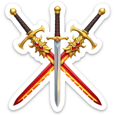 Two crossed swords that are golden in blade and handle and have fiery and royal appearence to them as well as red gem stones yellow in color sticker