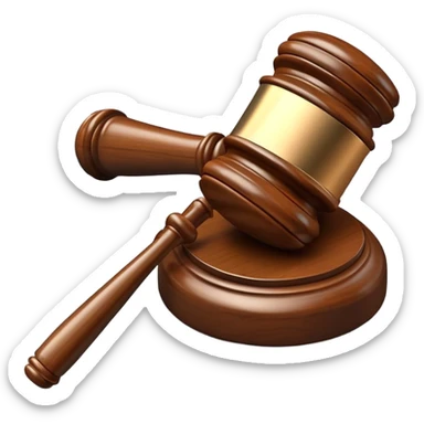 An emoji representing justice and penalty. A wooden judge's gavel striking a sound block, symbolizing a legal decision or punishment. The design is simple, 3D, and slightly glossy, resembling official court decisions sticker