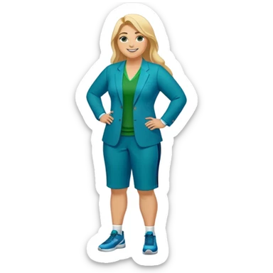 Full Body white plus size female basketball head coach with long blonde hair in a blue and green suit smiling sticker