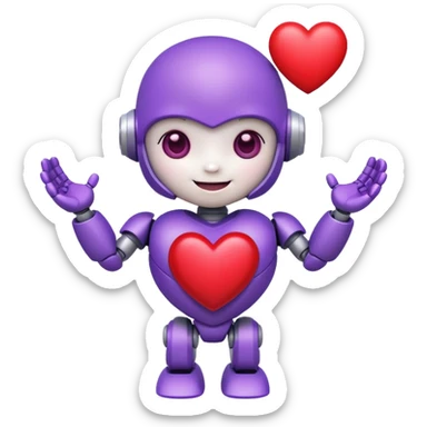 cute baby robot, white and purple, holding a heart, cheerful sticker