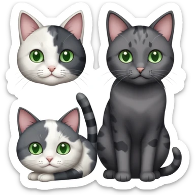 3 different coloured small cats including a dark grey and white, and a patchy calico and a completely solid dark grey with green eyes and only white paws sticker