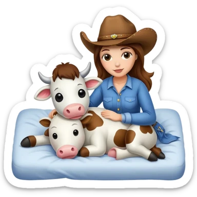 Cowgirl cuddling stuffed cow in bed  sticker
