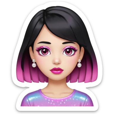“black hair Emoji girl, glossy pink eyelids, ombré cherry lips, soft contour, subtle glitter under eyes, pearl hair clips, trendy hairstyle, iridescent modern top.” sticker