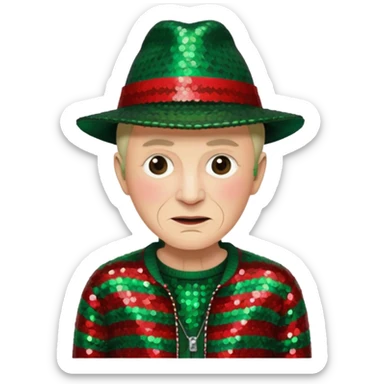 Freddy Krueger with red and green stripe sequin sweater, dark brown sequin jacket and hat sticker