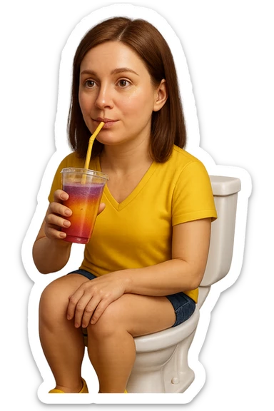 emoji stile iphone di una donna seduta sul wc che beve uno smoothies colorato, iperrealistico 4k sticker