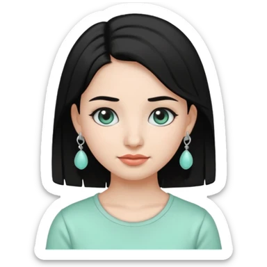 A girl emoji wearing  silver colour jhumka and light mint green colour tshirt with dark black hair sticker
