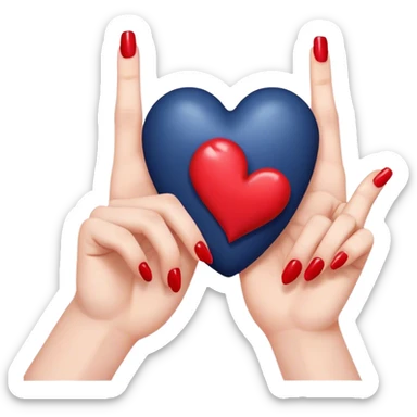 
a hand with a red manicure holds a dark blue heart with two fingers sticker