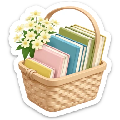 Pastel pink pastel yellow pastel blue and matcha colored books in a beige basket with flowers sticker
