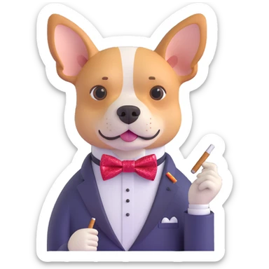 Add a glittery bow tie to the dog while keeping the cigarette. Style is Microsoft 3D emoji with transparent background. Keep the background transparent. sticker