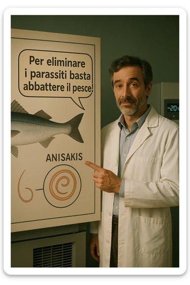 cinematic a scientist in a white lab coat stands beside a large poster showing a fish and a diagram of the Anisakis parasite. The scientist points to a speech bubble that says, “Per eliminare i parassiti basta abbattere il pesce!” In the background, a blast freezer is visible, with a temperature gauge set to -20°C. The mood is informative and reassuring. In italiano sticker