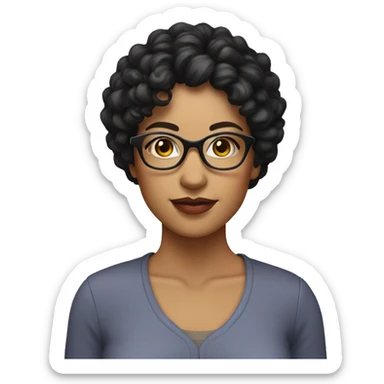 woman with short perm black hair, cute face, wearing glasse sticker