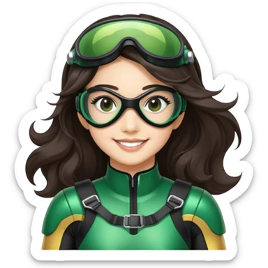 green Power Ranger, Asian girl with long, less wavy dark brown hair, side parting, smiling, wearing scuba goggles sticker
