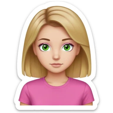 Girl with brown hair, blonde highlights, green eyes, pink t-shirt, pretty eyelashes sticker