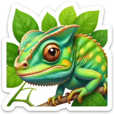 cinematic cute-smiling baby chameleon-realistic emoji,-blending-with-vibrant-greenery.-detailed-scales-in-shifting-colors,-showing-the-chameleon’s-ability-to-camouflage.-soft-natural-light-highlights-its-texture.-light-background, zoomed into its face sticker