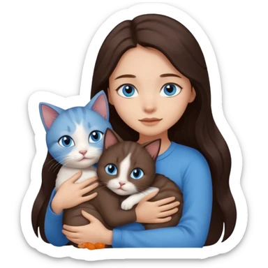 a pretty girl with long dark brown hair, with blue eyes, hugs 3 different natural coloured small cats sticker