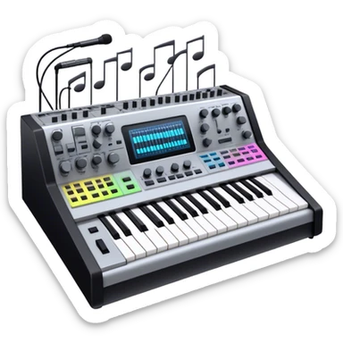 Create a professional and detailed emoji that represents sound design equipment. The design should feature a high-end Korg synthesizer, a sound mixing console, and a control panel with audio cables connecting to large studio speakers. Surround the equipment with sound waves made of musical notes to symbolize the creative process of shaping sound. Use sleek colors like silver, black, and neon accents to highlight the high-tech nature of the equipment. The background should be transparent. sticker