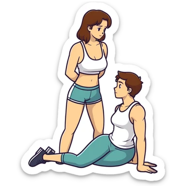 Caucasian woman with brown hair big boobs, a tank top, kneeling next to man standing sticker