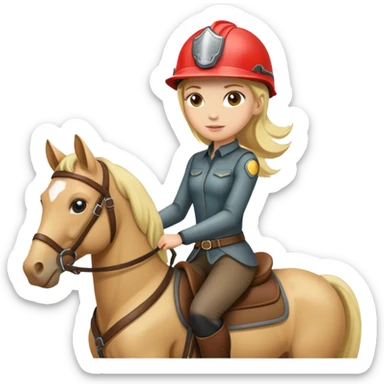 A blonde haired women with a helmet riding a horse sticker