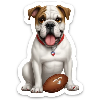 white Georgia bulldog with a football and a red collar  sticker
