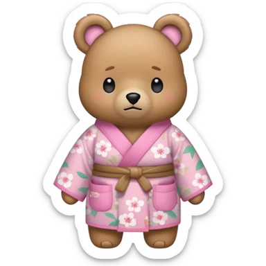 A cute light-brown bear wearing a pastel pink sakura-patterned kimono, normal balanced body ratio.  
Turning pockets inside out with a worried embarrassed face, a tiny coin rolling away.  
Kawaii emoji style, minimalistic clean sticker illustration, white background. sticker
