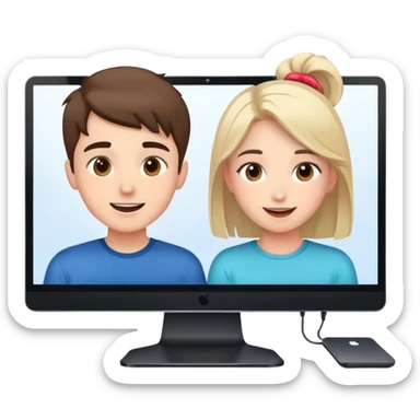 boy and girl on a video call, computer screens with faces, happy conversation sticker