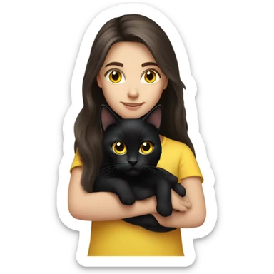 Long haired brunette blue eyed girl holding a black cat with yellow eyes sticker