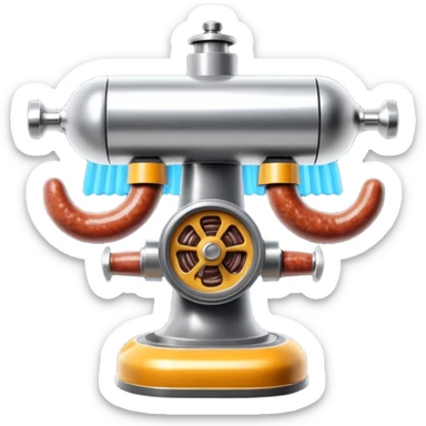 sausage-processing droid. retro-futuristic style. top is a circular industrial meat grinder with rotating gears and blades. Two robotic arms feed material into grinder. Sausage links extrude from the rear like  factory. The body is metallic, compact, and floats above the ground.no legs. Dark humor sticker