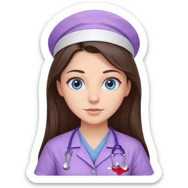 pretty brunette nurse with long hair and blue eyes in lilac scrubs sticker