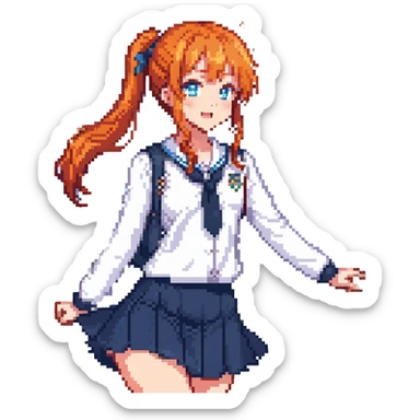 anime girl in school uniform, orange hair in side ponytail, blue eyes, standing in a courtyard with cherry blossom petals, skirt and hair fluttering in breeze, cheerful expression sticker