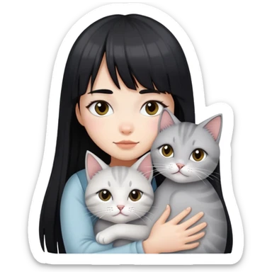 girl with long black  straight bangs hair and hugging two light grey-shared cats sticker
